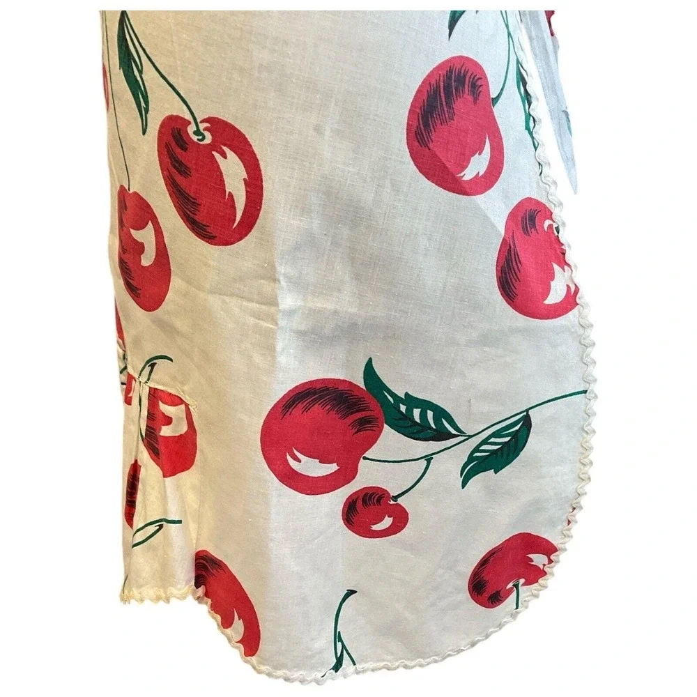 Vintage Apron Handmade Red Cherries on White Slant Pocket Rick‎ Rack Embellished
